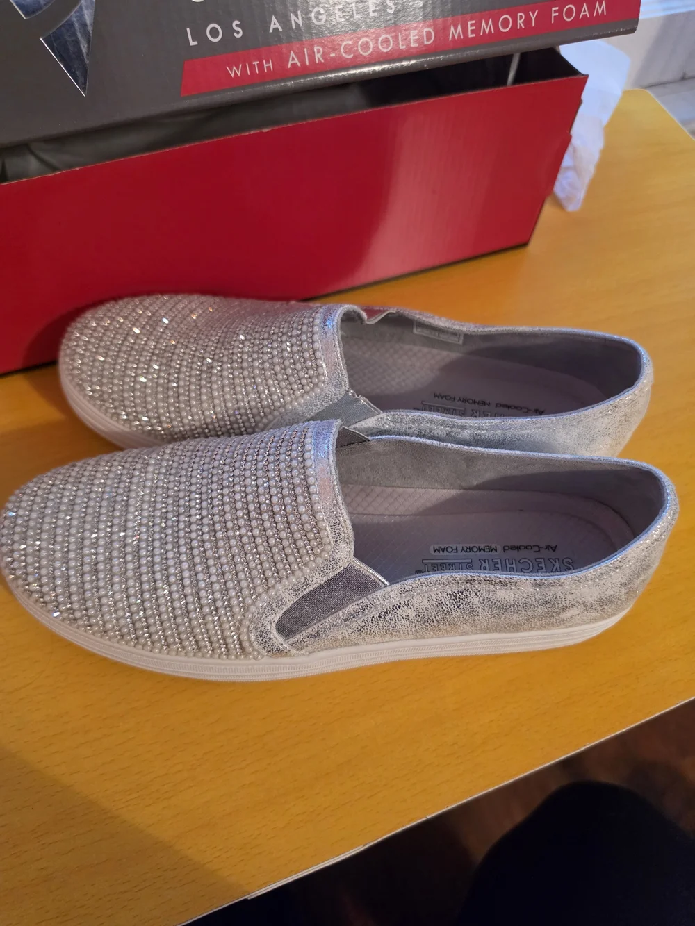 Skechers Silver Pearl-Embellished Slip-On Sneakers